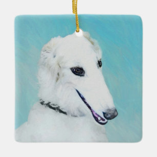 Borzoi (weiß) Malerei - Niedliche Original Hunde K Keramikornament