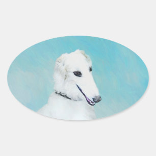 Borzoi (weiß) Malerei - Niedliche Original Hunde K Ovaler Aufkleber