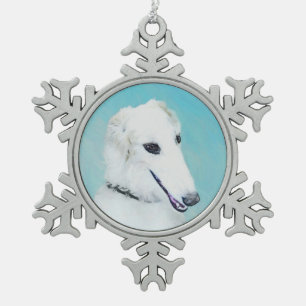 Borzoi (weiß) Malerei - Niedliche Original Hunde Schneeflocken Zinn-Ornament