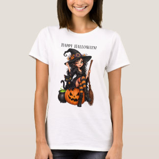 Böse Halloween-Hexe, lustige schwarze Katze T-Shirt
