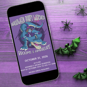 Böse Hexe auf T-Rex Illustration Halloween-Party Einladung