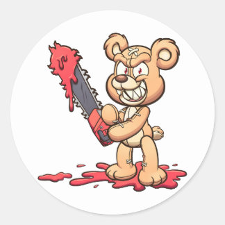 böse Teddybär mit einer Kettensäge und Lächeln Runder Aufkleber