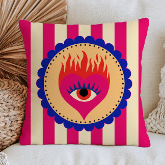 Böser Blick Herz in Flammen Funky Folk Art Gestrei Kissen