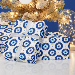 Böser Blick Muster Blau & Gold Schutz Geschenkpapier