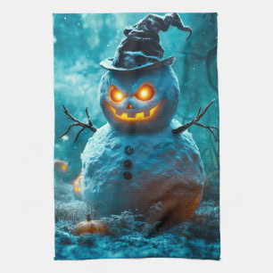 Böser Halloween-Schneemann mit leuchtenden Augen Geschirrtuch
