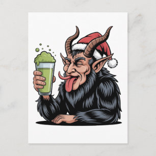 Böser Krampus trinkt grünen Matcha-Weihnachtstrank Feiertagspostkarte