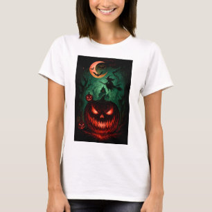 Böser Kürbis unter Blutmond   Fliegende Hexe Hallo T-Shirt
