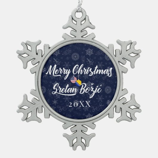 Bosnian American With Custom Year Bilingual Schneeflocken Zinn-Ornament (Vorderseite)