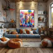 Bosque Colorido: Paisaje Folk y Naive Poster