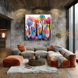 Bosque Colorido: Paisaje Folk y Naive Poster