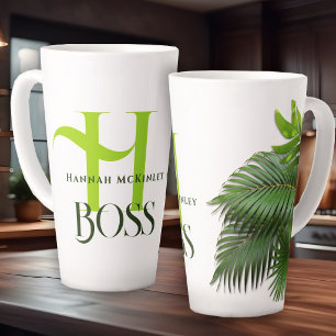 Boss-Geschenk Palmwedel Grün Monogramm Latte Tasse