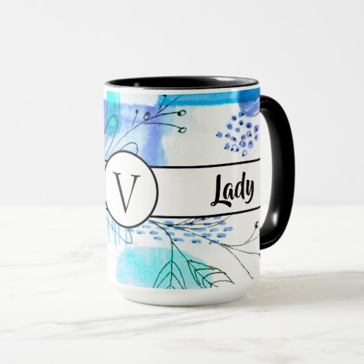 Boss Lady Blue Monogram Abstrakt Ringer 15oz Tasse (VorderseiteRechts)