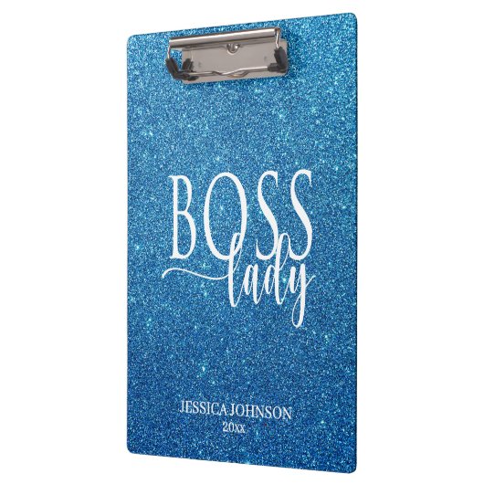 Boss Lady Blue Sparkle and White Script Klemmbrett (Links)