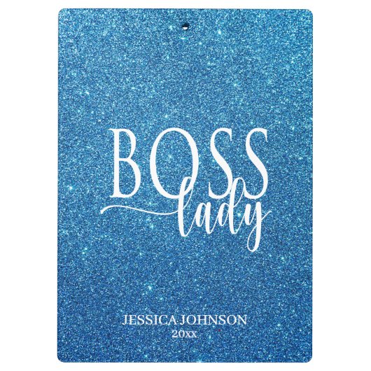 Boss Lady Blue Sparkle and White Script Klemmbrett (Rückseite)