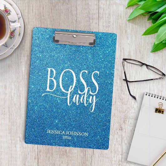 Boss Lady Blue Sparkle and White Script Klemmbrett