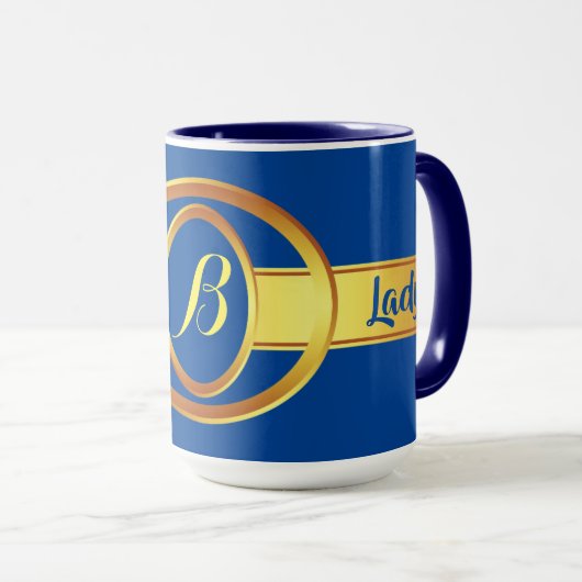 Boss Lady Blue und Gelb Monogram Ringer 15oz Tasse (VorderseiteRechts)