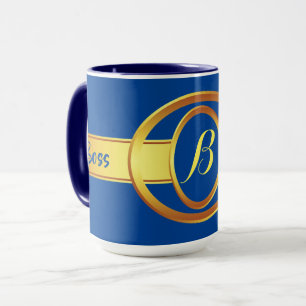 Boss Lady Blue und Gelb Monogram Ringer 15oz Tasse