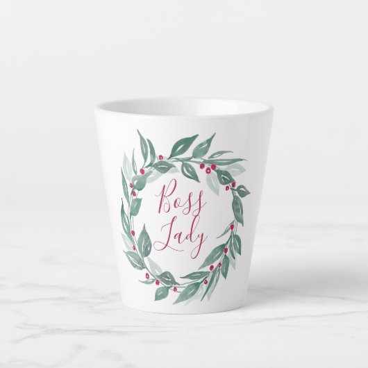 Boss Lady Boho Grüne Wreath Red Berries Holiday Milchtasse (Vorderseite)