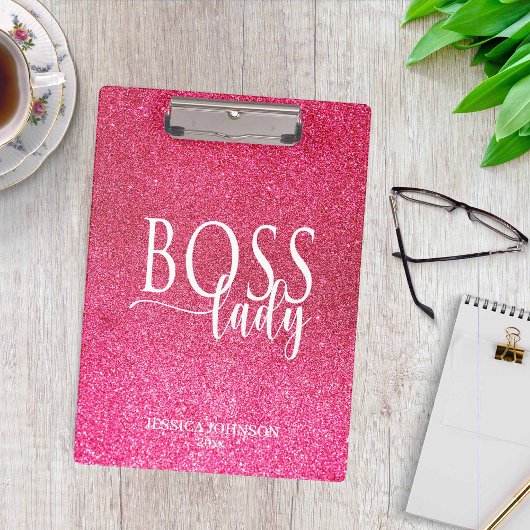 Boss Lady Pink Sparkle and White Script Klemmbrett