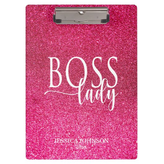 Boss Lady Pink Sparkle and White Script Klemmbrett (Vorderseite)