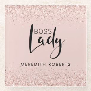 Boss Lady Rose Gold Blush Glitzer Personalisiert Glasuntersetzer