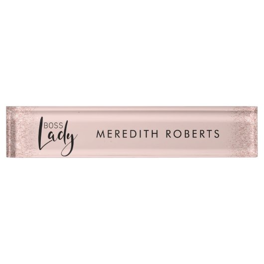 Boss Lady Rose Gold Blush Glitzer Personalisiert Namensplakette (Vorderseite)