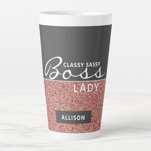 Boss Lady Rose Gold Pink Glitzer Personalisiert Milchtasse (Vorderseite)
