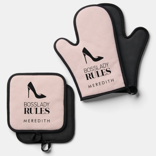 Boss Lady Rules Stiletto Logo Blush Ofenhandschuh & Topflappen-Set (Vorderseite/Rückseite)