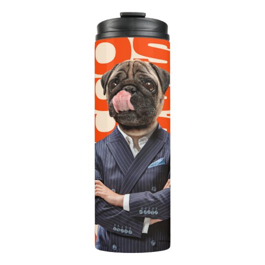 Boss mit Hundekopf stehend mit Händchenüberzug Thermosbecher (Vorderseite)