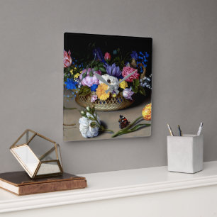 Bosschaert Blume Still Life Insekten Niederländisc Quadratische Wanduhr