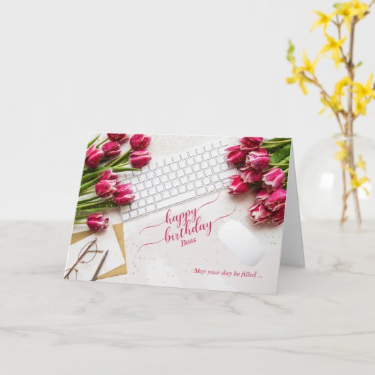 Boss's Birthday Pink Tulips and Desktop Karte (Gelbe Blume)