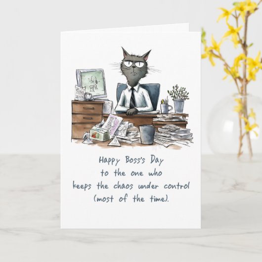 Boss's Day von Group Funny Man Cat Desk and Paper Karte (Gelbe Blume)