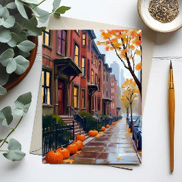 Boston Autumn Brownstones Pumpkin Watercolor Postkarte