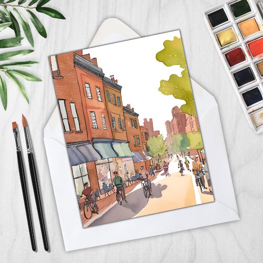 Boston Bike Ride | North End Watercolor MA Card