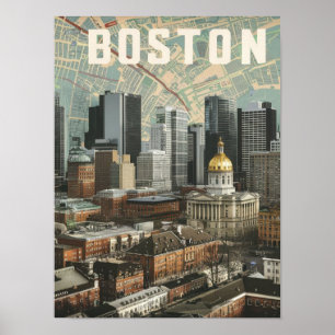 Boston, Boston Massachusetts City Skyline mit Kart Poster