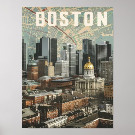 Boston, Boston Massachusetts City Skyline mit Kart Poster (Vorne)