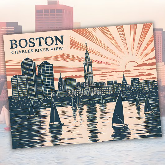 Boston Charles River Sailboats Skyline Art Vintag Postkarte