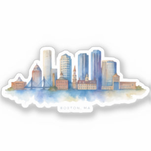 Boston City Skyline Aquarell   Modernes Boston MA  Aufkleber