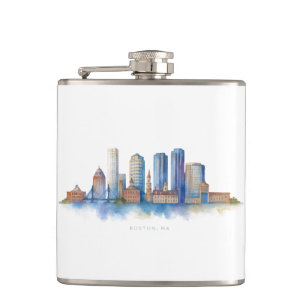 Boston City Skyline Aquarell Modernes Boston MA Flachmann