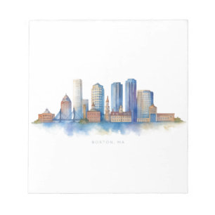 Boston City Skyline Aquarell   Modernes Boston MA  Notizblock
