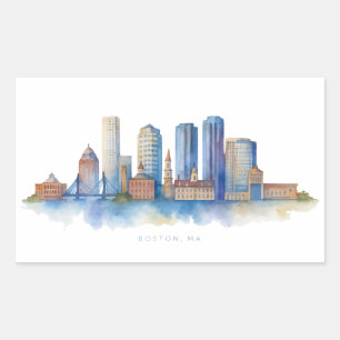 Boston City Skyline Aquarell   Modernes Boston MA  Rechteckiger Aufkleber