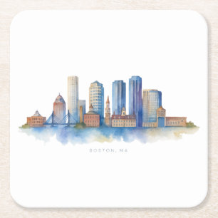 Boston City Skyline Aquarell   Modernes Boston MA  Rechteckiger Pappuntersetzer