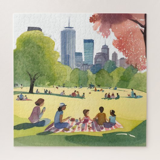 Boston Common Picnic | Wasserfarbenmalerei im Somm Puzzle (Vertikal)