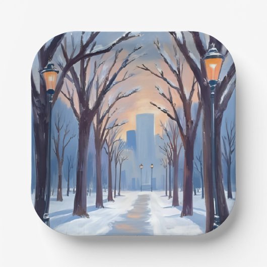 Boston Common Winter Schneefall Aquarell Pappteller (Vorderseite)
