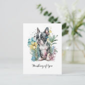 "Boston"-Gesicht Boston Welpenbrille Blumenmuster Postkarte (Stehend Vorderseite)