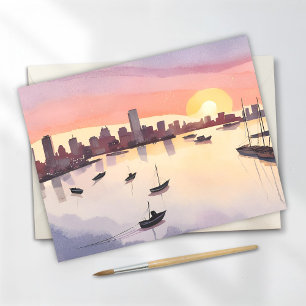 Boston Harbor   Aquarell Stadtlandschaft Massachus Postkarte