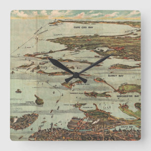 Boston Harbor Birdseye-view Map Quadratische Wanduhr