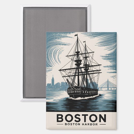Boston Harbour Retro Illustration Tall Ship Classi Magnet (Vorderseite/Rückseite)
