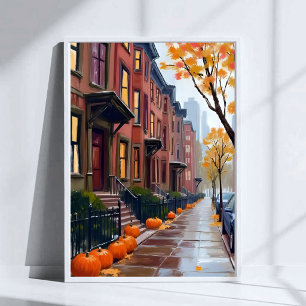 Boston Herbst Brownstones Kürbis Aquarell Poster