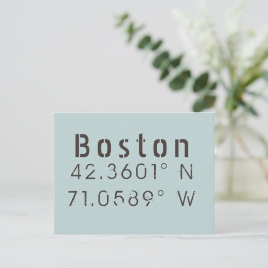 Boston Latitude & Longitude Postkarte (Stehend Vorderseite)